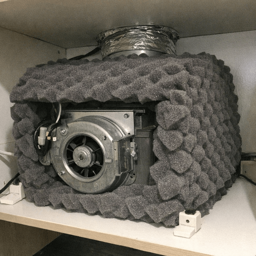 Entkoppeltes Gebläsegehäuse mit zusätzlicher Dämmmatte im Schrank