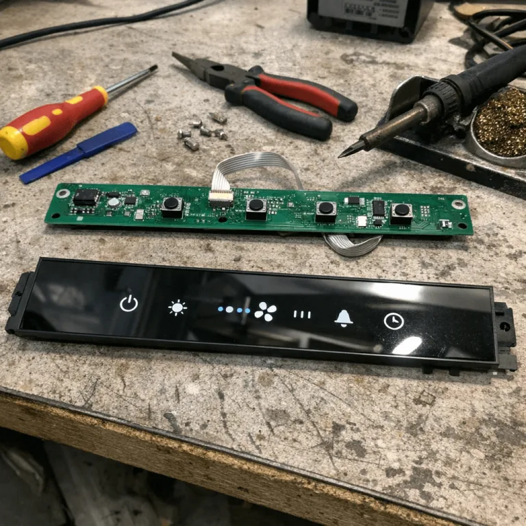 Geöffnete Bedienplatine mit Messspitzen während der Fehlersuche