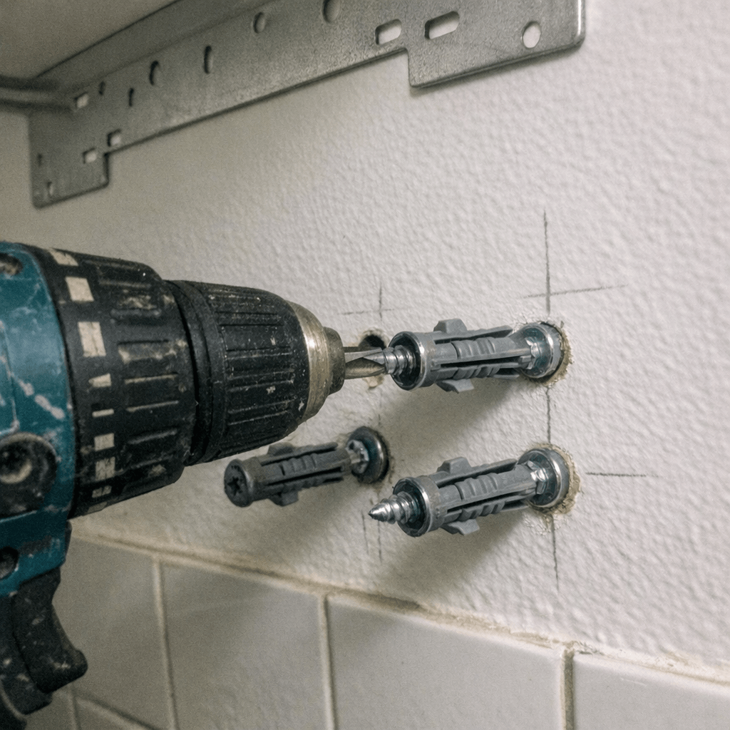 Wandhalterung wird mit Wasserwaage und Bohrmarkierung vorbereitet
