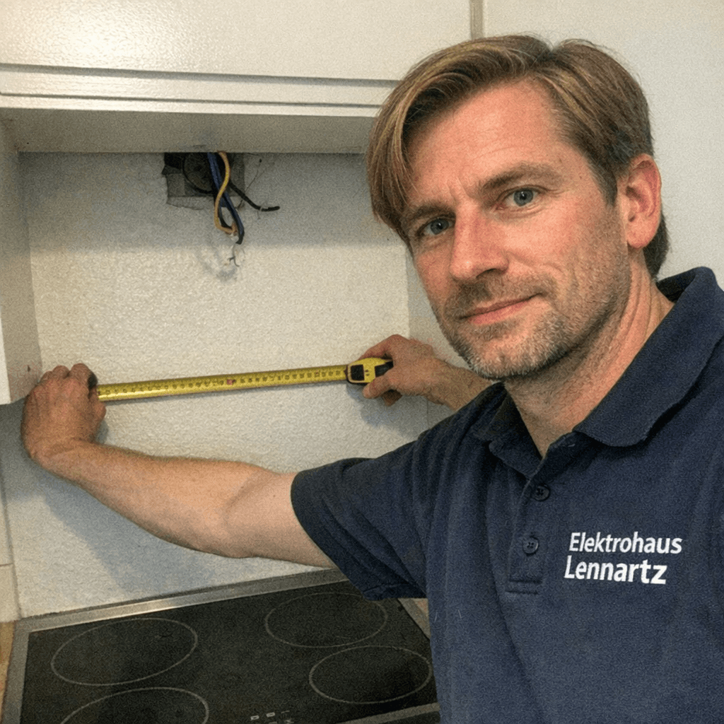 Techniker misst in einer Distelner Küche Wandabstand und Anschlusspunkte