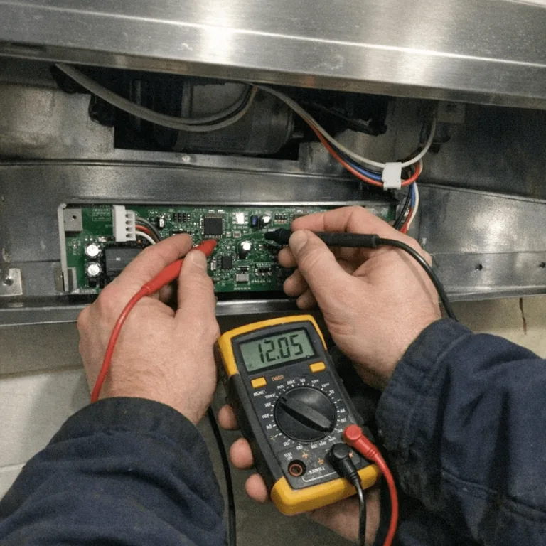Techniker prüft Elektronik der Küchenhaube mit Messgerät