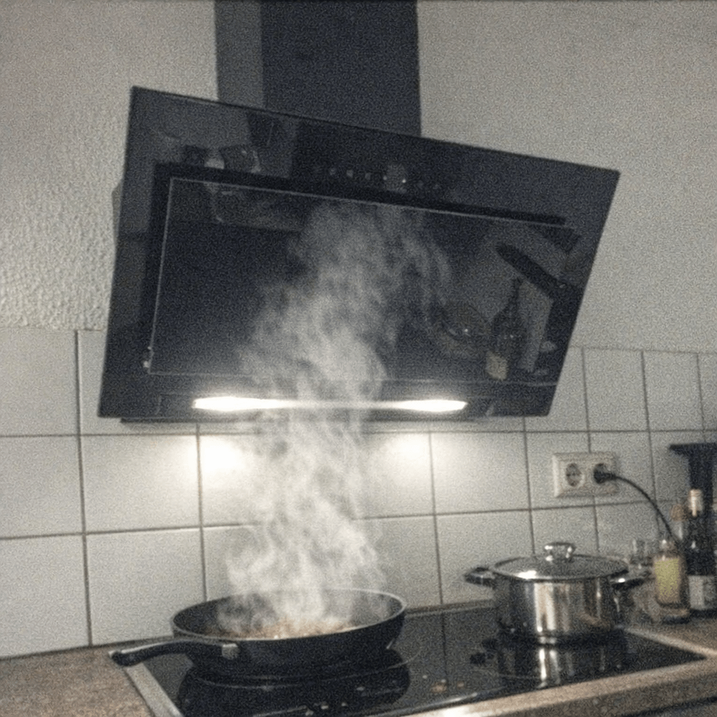 Schräghaube über einem Induktionsfeld in einer kompakten Stadtwohnung