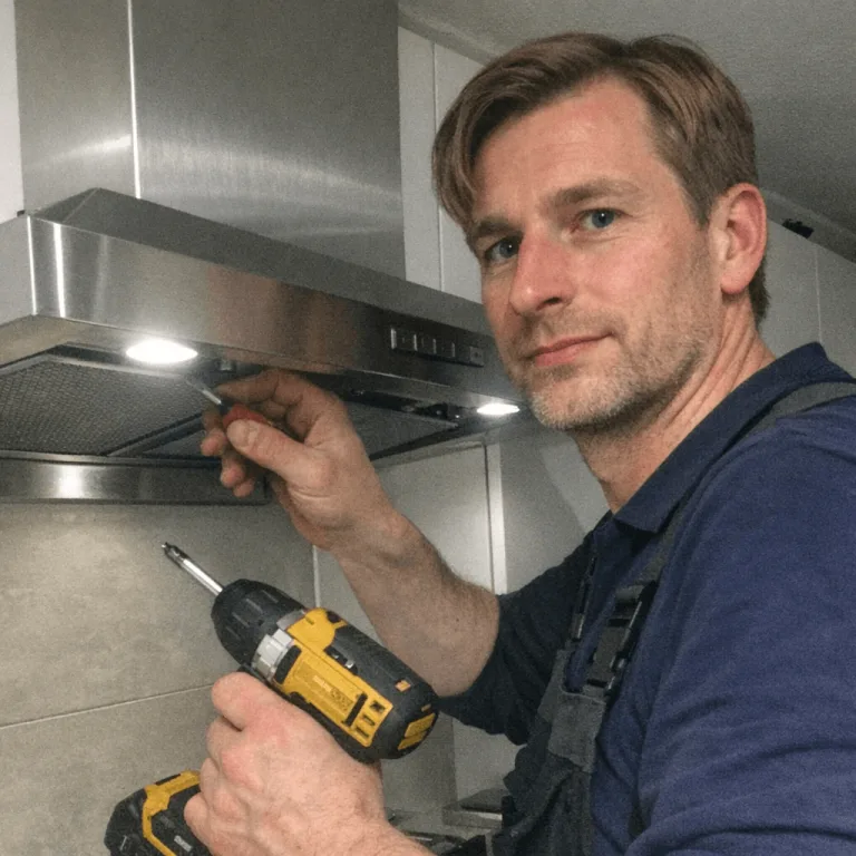 Techniker montiert eine Wandhaube über der Küchenzeile