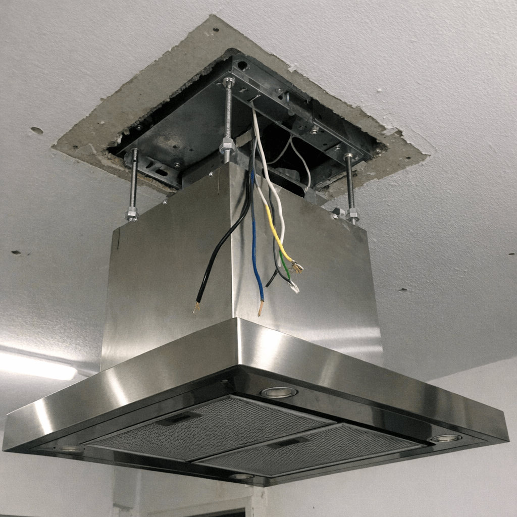Monteure befestigen eine Inselhaube an einer vorbereiteten Deckenkonstruktion